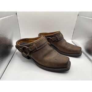 Frye Womens Leather Belted Harness Mules Shoes 70760 Square Toe Slip-On Brown 8M
